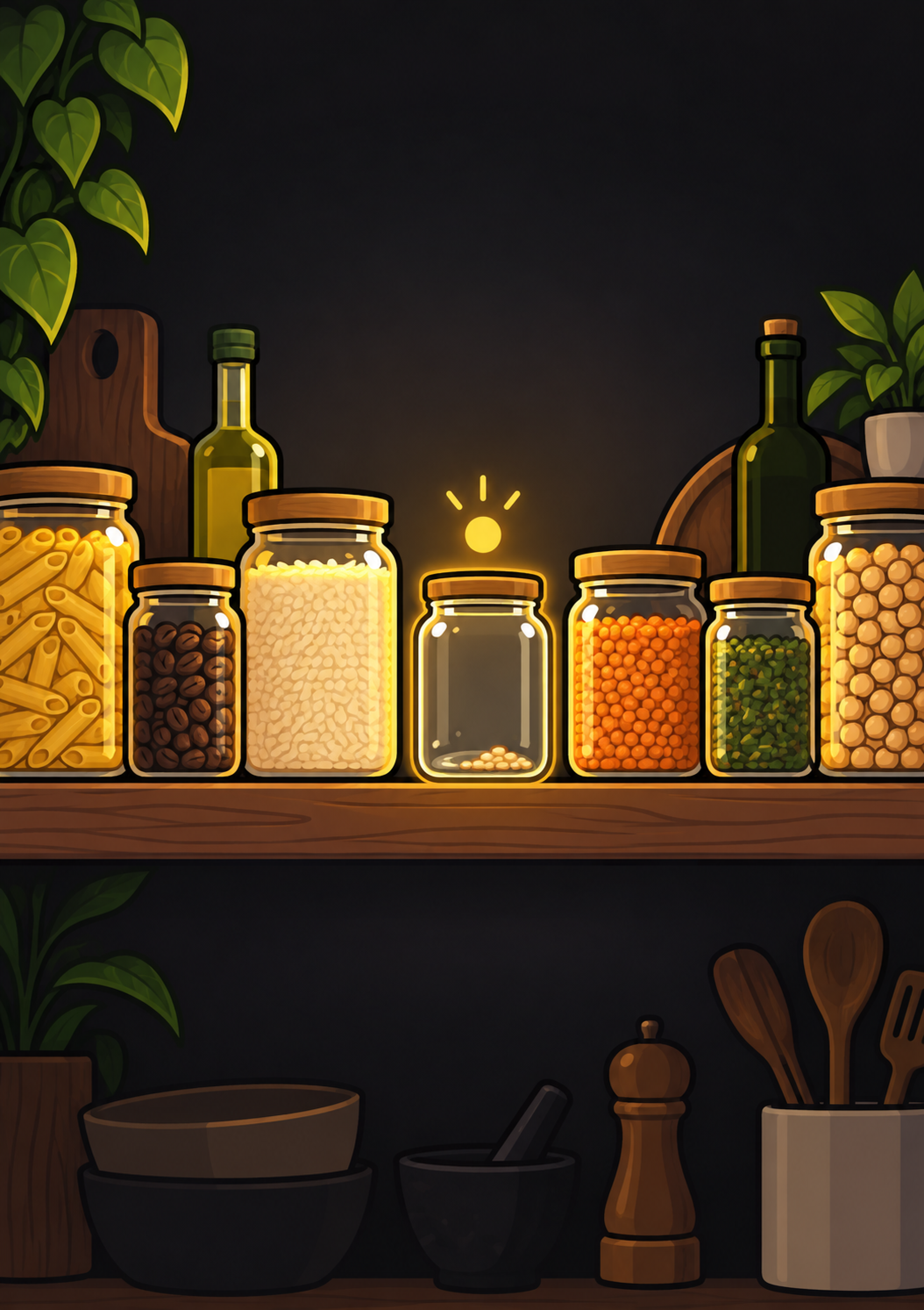 A pantry shelf of labelled jars with one jar almost empty and glowing